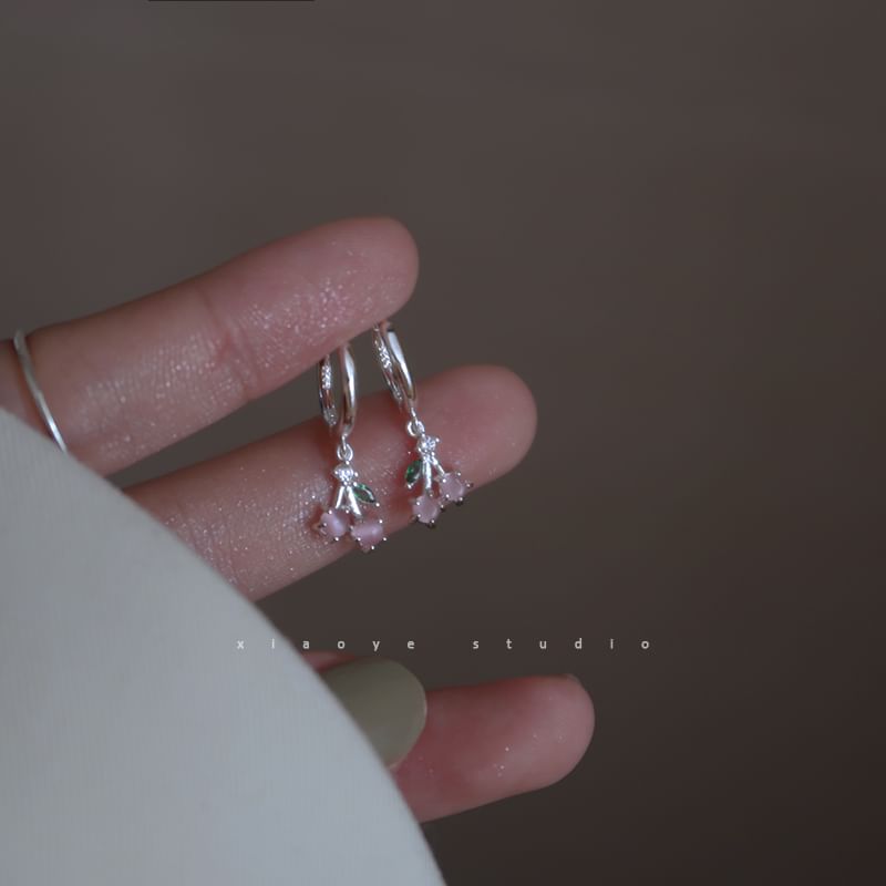 Drop 925 Sterling Cherry Rhinestone Earring Silver Hoop