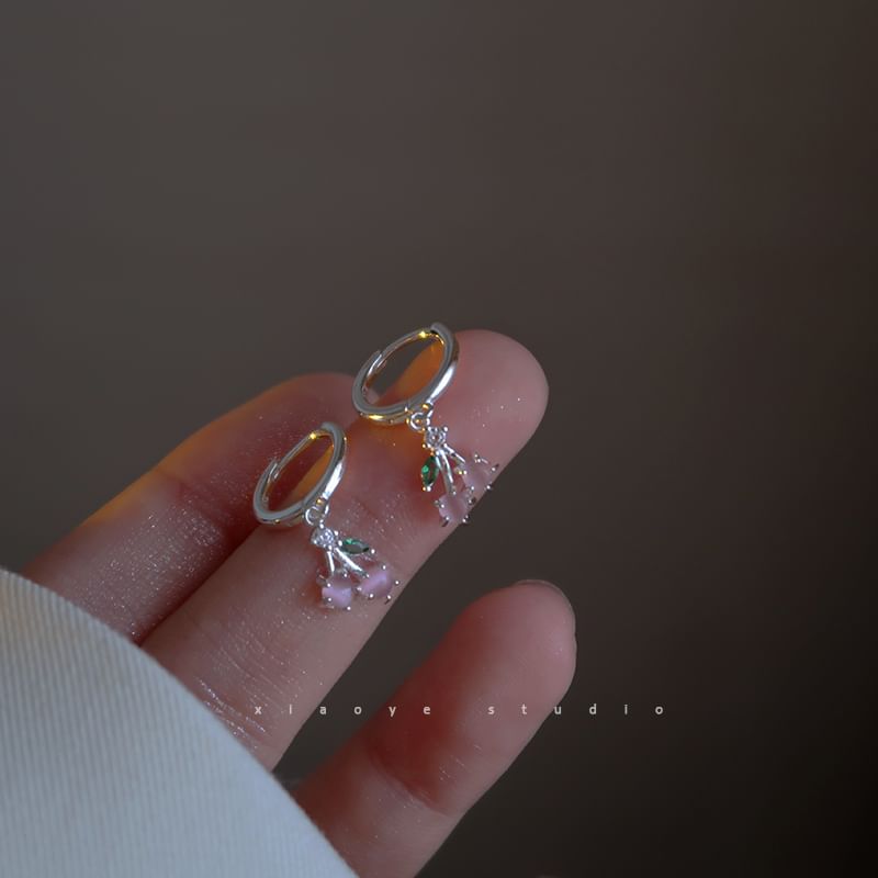 Drop 925 Sterling Cherry Rhinestone Earring Silver Hoop