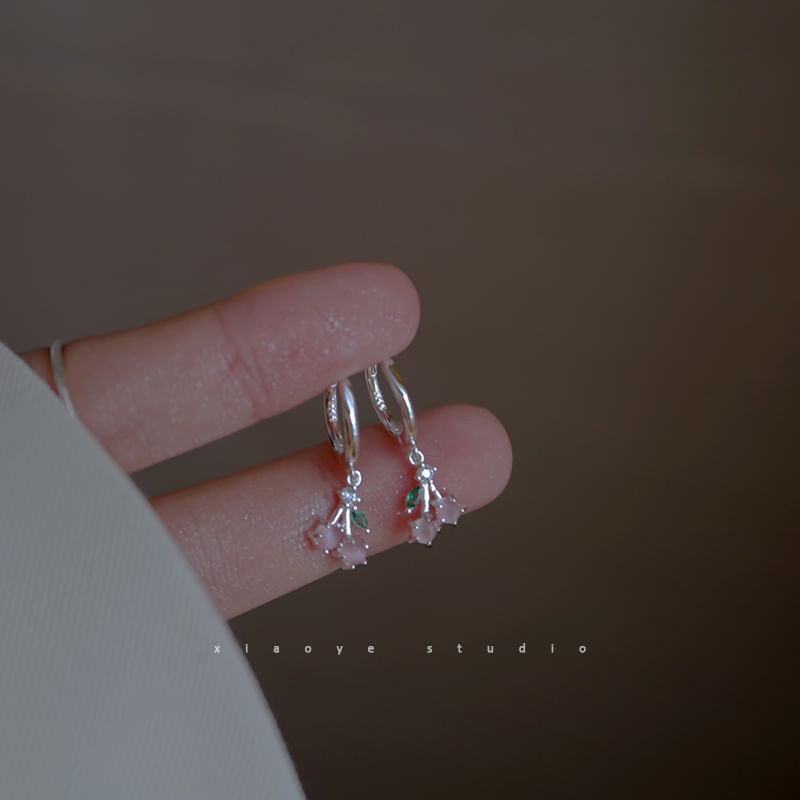Drop 925 Sterling Cherry Rhinestone Earring Silver Hoop