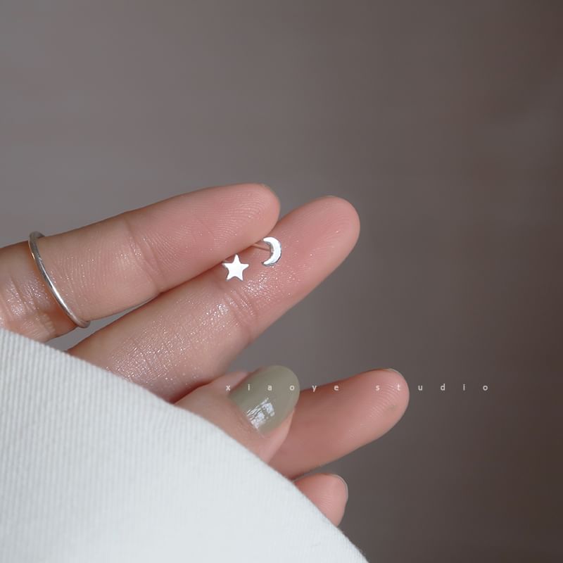 Star Crescent Stud Silver Earring Asymmetrical Sterling 925