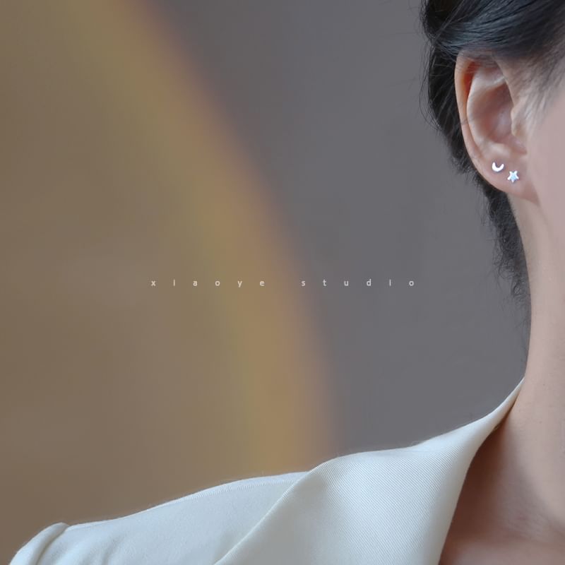 Star Crescent Stud Silver Earring Asymmetrical Sterling 925