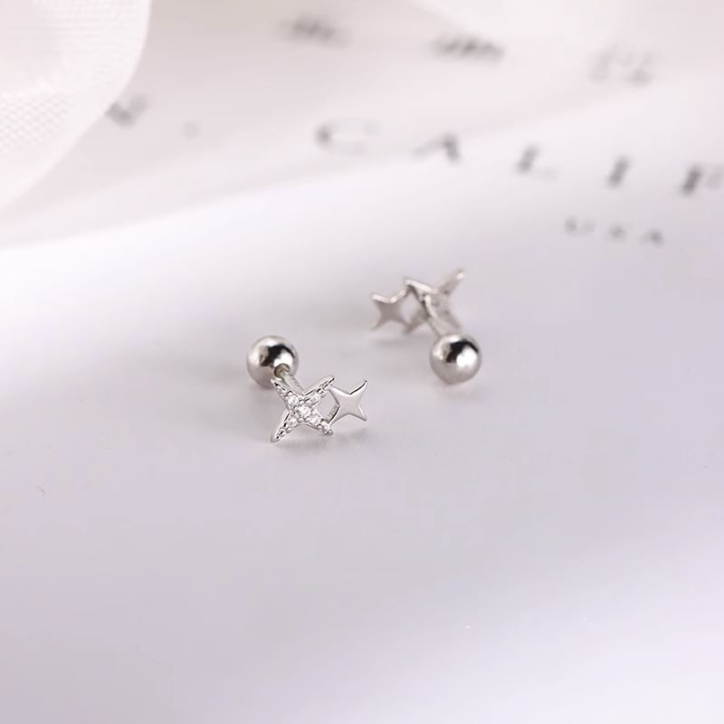 925 Sterling Silver Earring Star Rhinestone Barbell