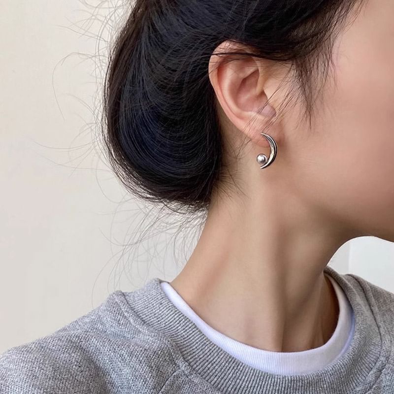 Pearl Crescent Sterling Silver Faux Stud 925 Earring