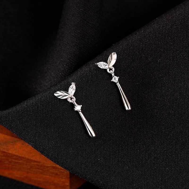 Drop Earring Rhinestone Leaf 925 Silver Sterling