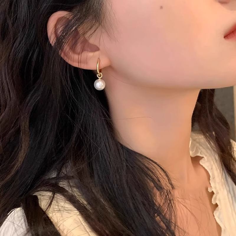 Drop Silver Earring 925 Pearl Faux Hoop Sterling