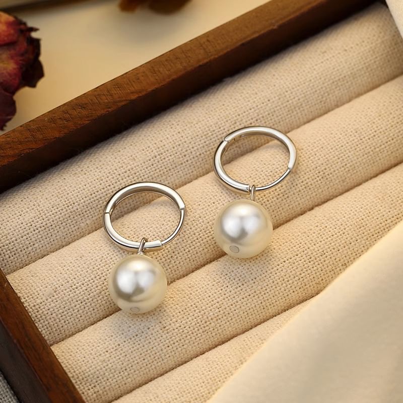 Drop Silver Earring 925 Pearl Faux Hoop Sterling