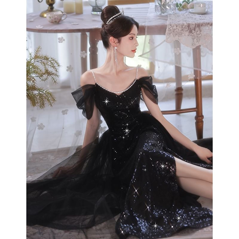 Short-Sleeve Cold Shoulder Sequin Maxi Mermaid Gown