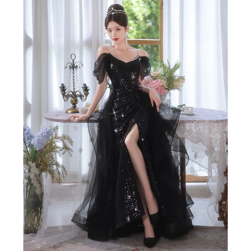 Short-Sleeve Cold Shoulder Sequin Maxi Mermaid Gown