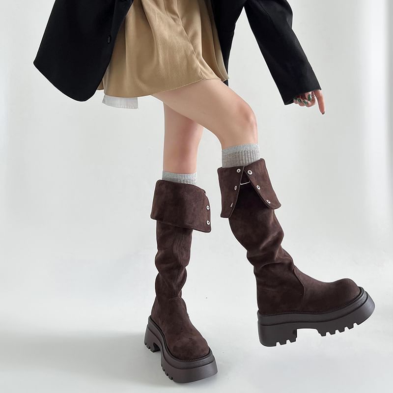 Faux Over The Buckled Knee Boots Button Suede Platform