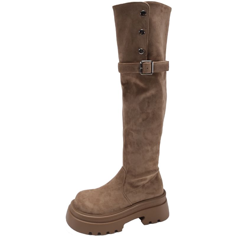 Faux Over The Buckled Knee Boots Button Suede Platform