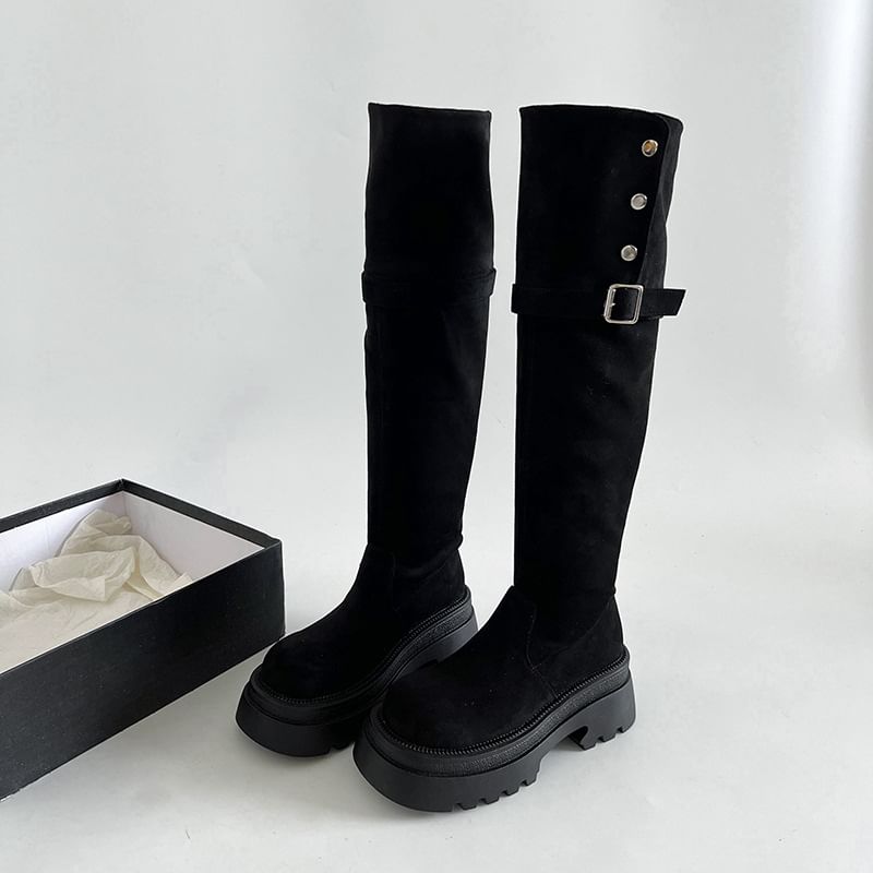 Faux Over The Buckled Knee Boots Button Suede Platform