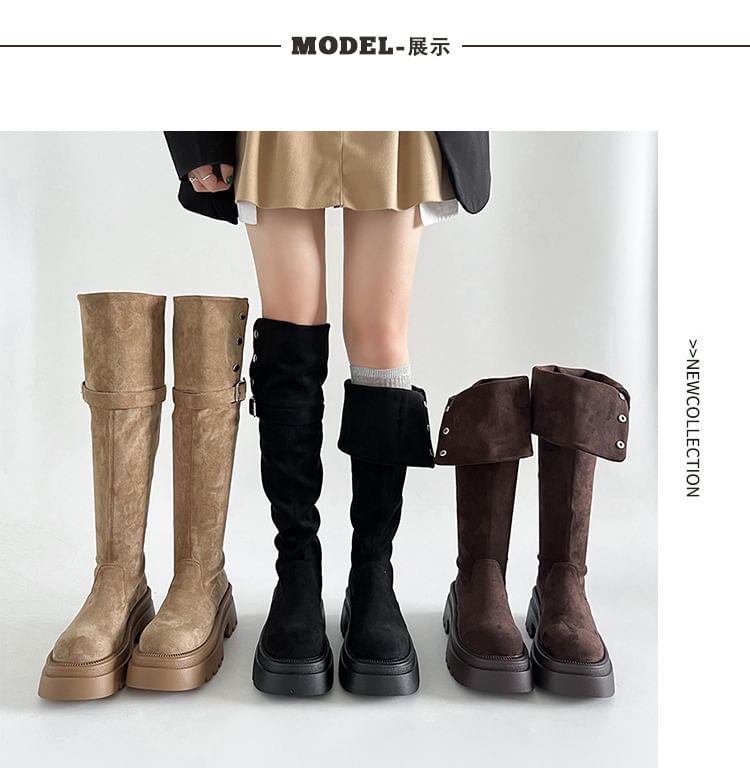 Faux Over The Buckled Knee Boots Button Suede Platform