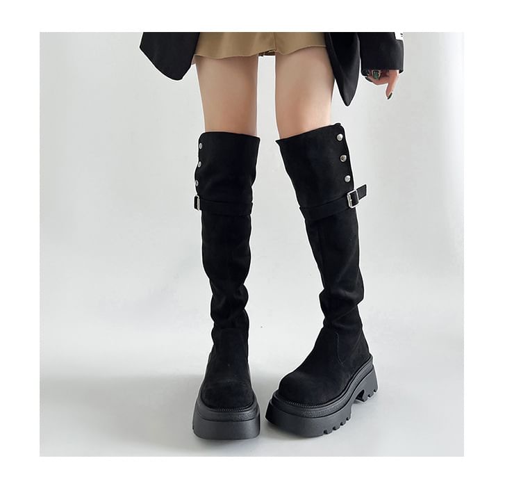 Faux Over The Buckled Knee Boots Button Suede Platform