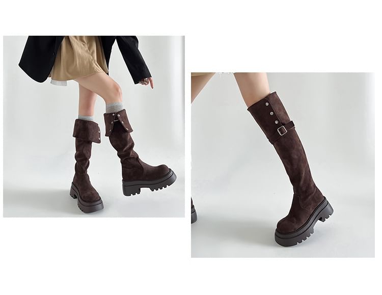 Faux Over The Buckled Knee Boots Button Suede Platform