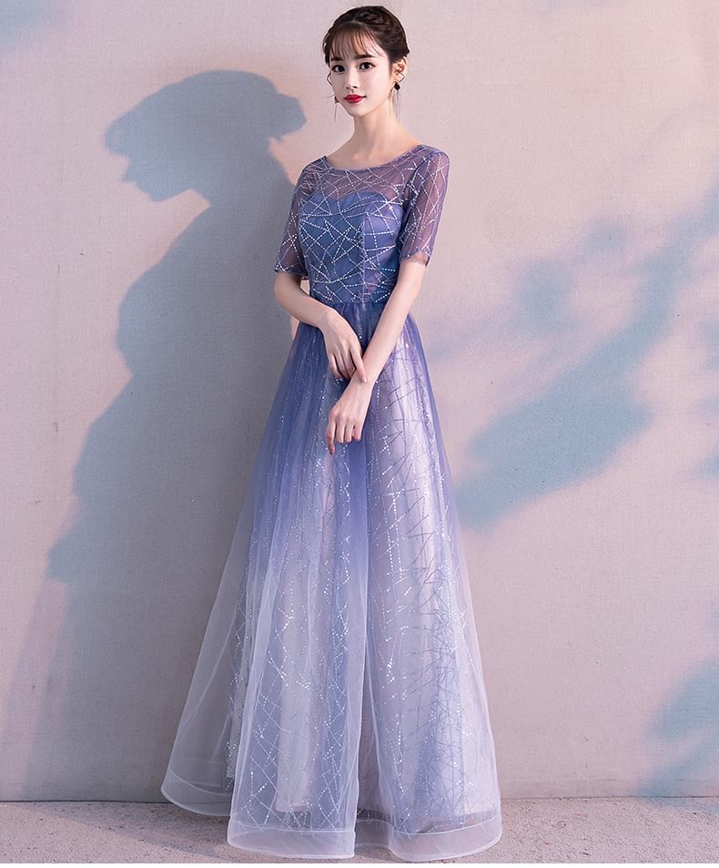 Short-Sleeve Round Neck Gradient Sequin A-Line Evening Gown / Midi Dress