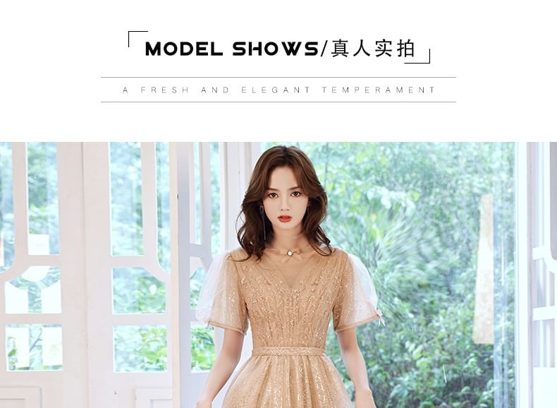 Short-Sleeve Sequin Mesh A-Line Evening Gown