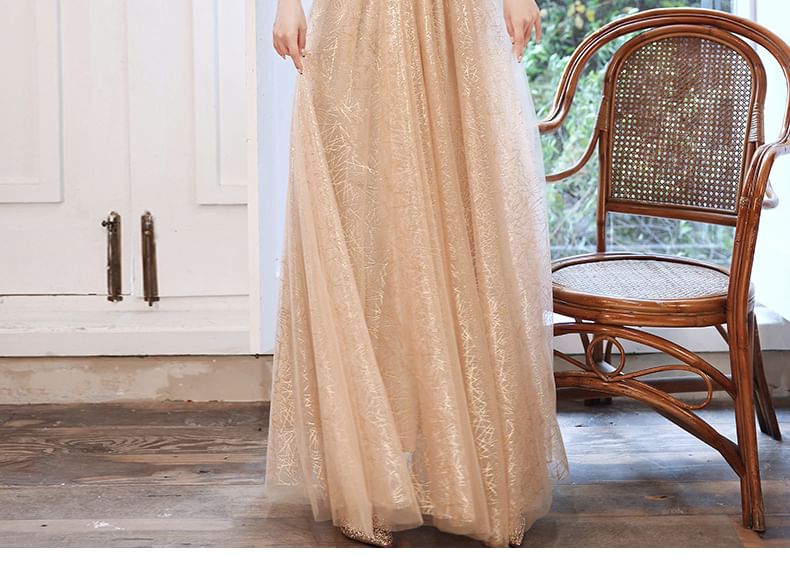 Short-Sleeve Sequin Mesh A-Line Evening Gown