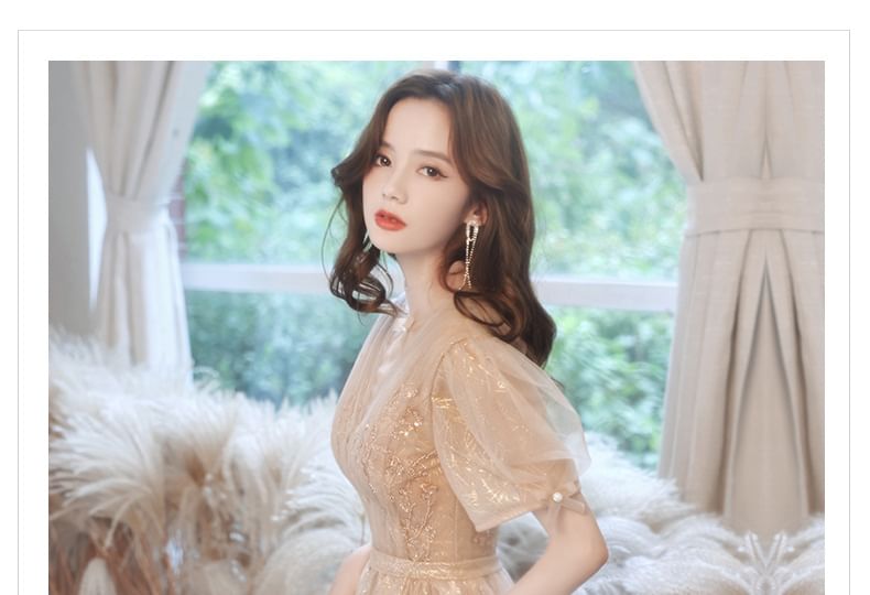 Short-Sleeve Sequin Mesh A-Line Evening Gown