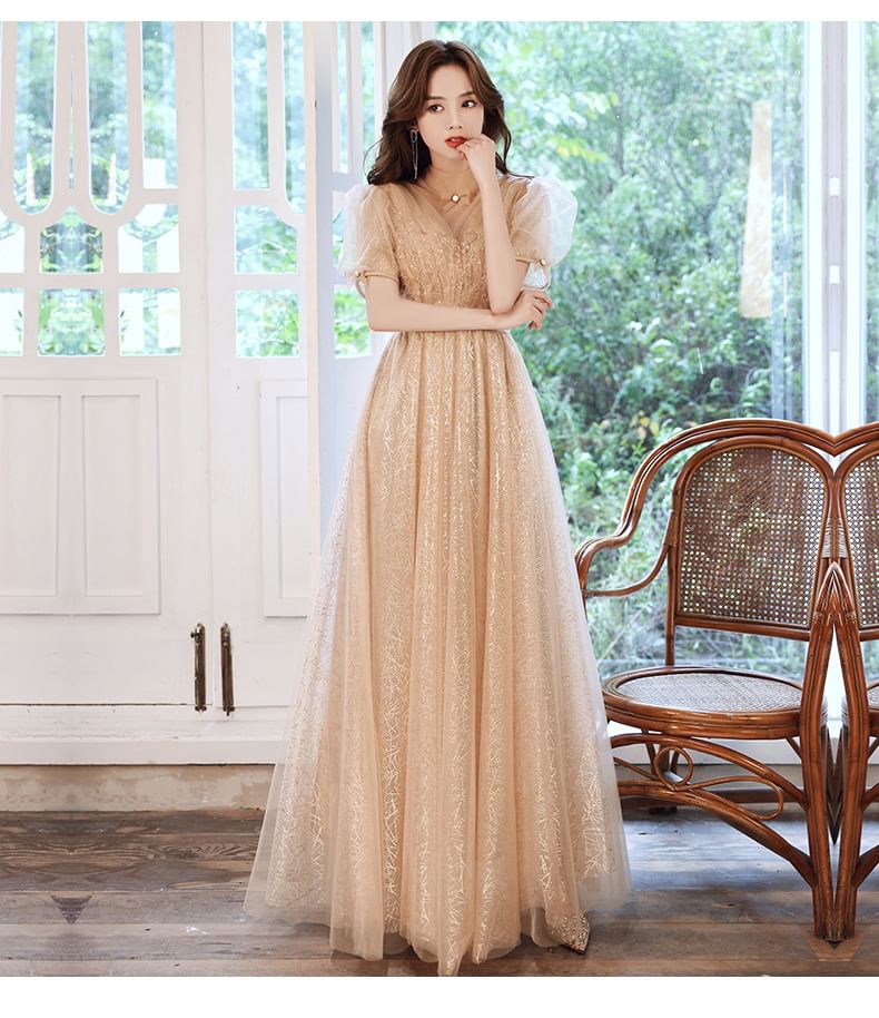 Short-Sleeve Sequin Mesh A-Line Evening Gown