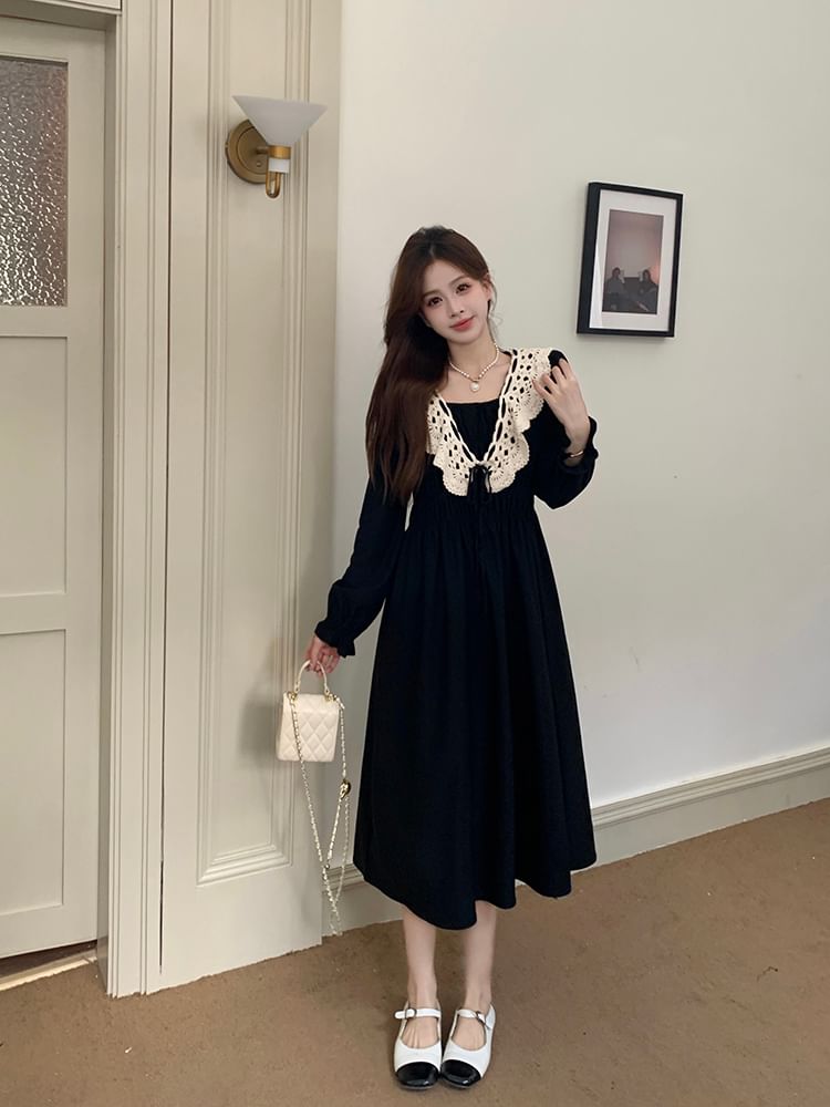 Long Sleeve Square Neck Lace Panel Midi A-Line Dress