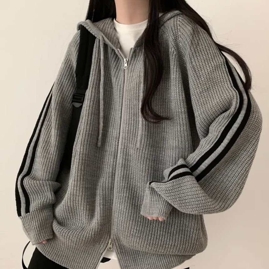 Striped Hooded Oversized Zip Cardigan