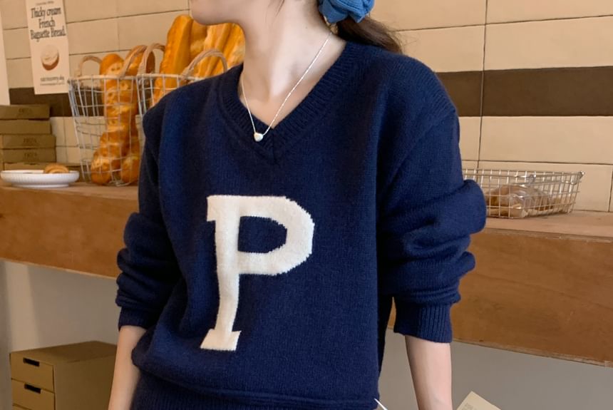 V-Neck Lettering Sweater