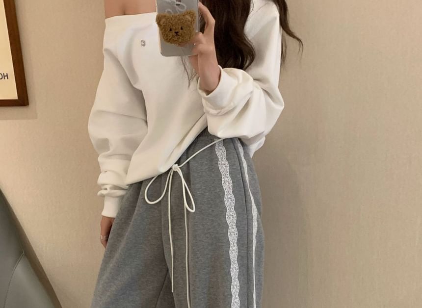 High Waist Lace-Trim Loose-Fit Wide-Leg Sweatpants