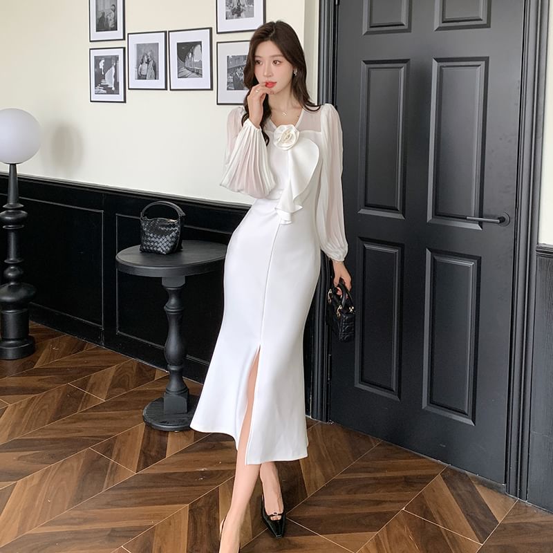 Long-Sleeve V-Neck Plain Flower Accent Slit Midi Sheath Dress