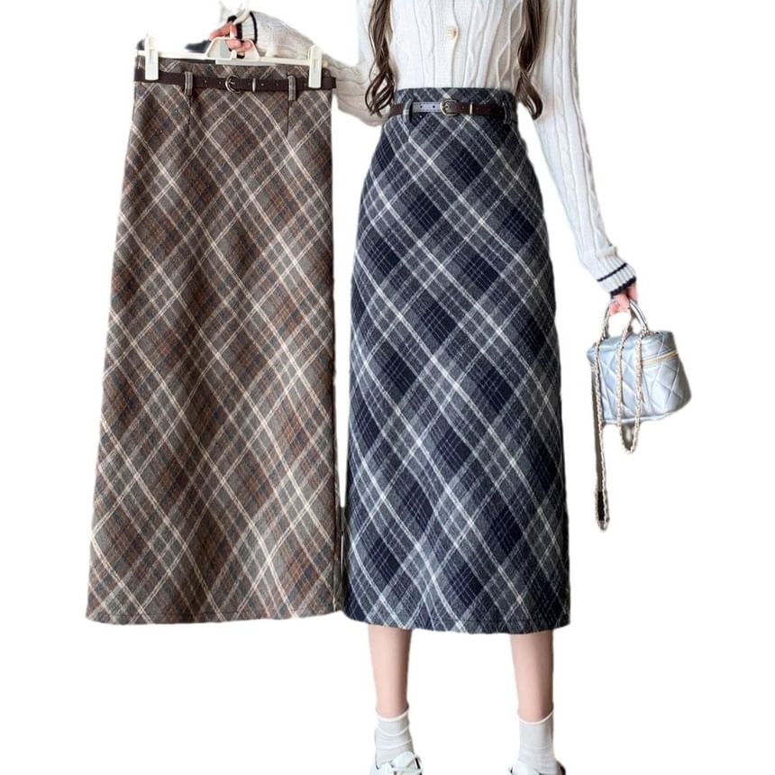 High Waist Plaid Midi A-Line Skirt