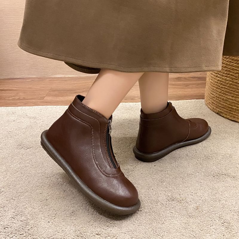 Faux Plain Boots Short Zip-Up Leather