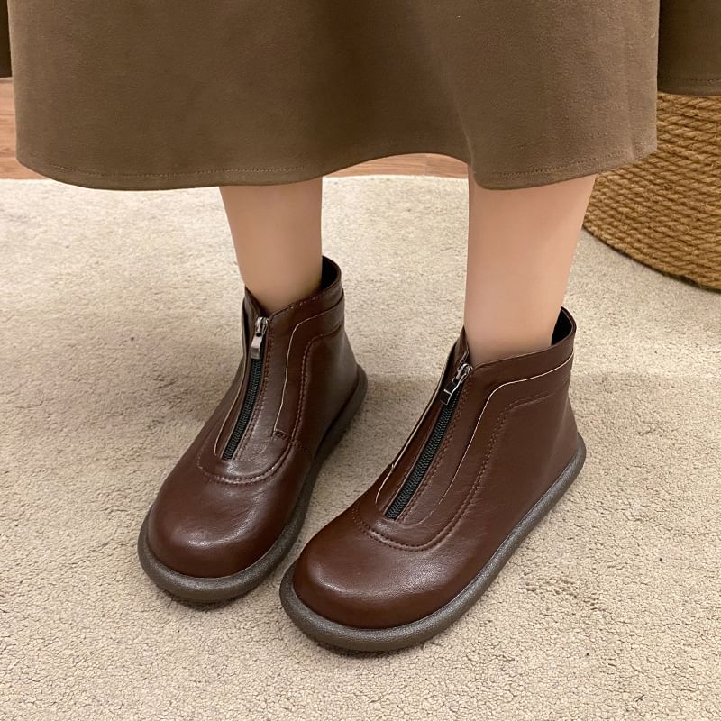 Faux Plain Boots Short Zip-Up Leather