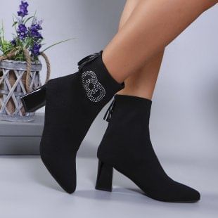 Accent Socks Short Chunky Boots Toe Pointed Rhinestone Heel