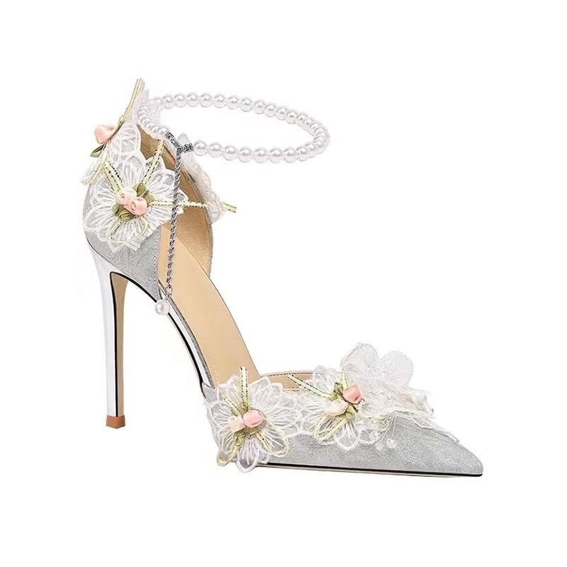 Pointed Floral Strap Faux Toe Ankle Accent Pearl Pumps D'Orsay Stiletto