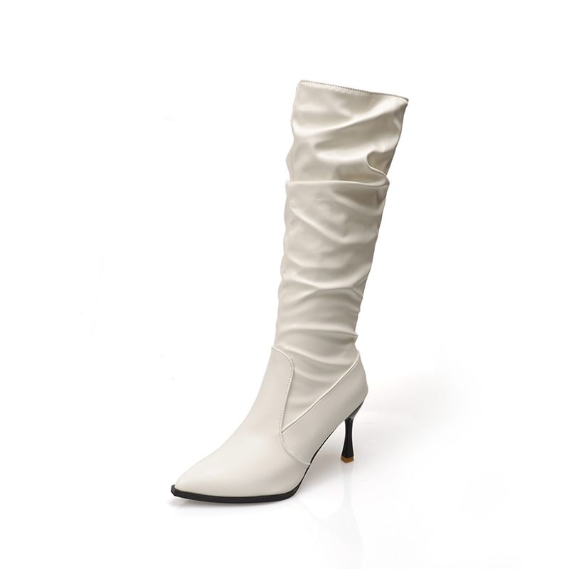 Boots Heel Tall Pointed Toe Plain Faux Leather High