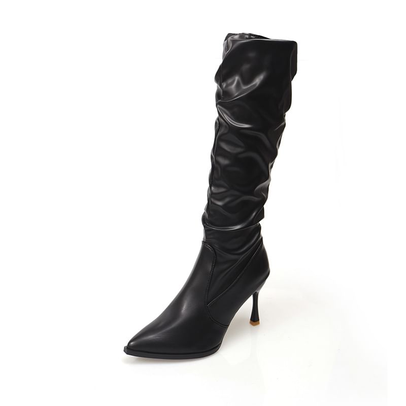 Boots Heel Tall Pointed Toe Plain Faux Leather High