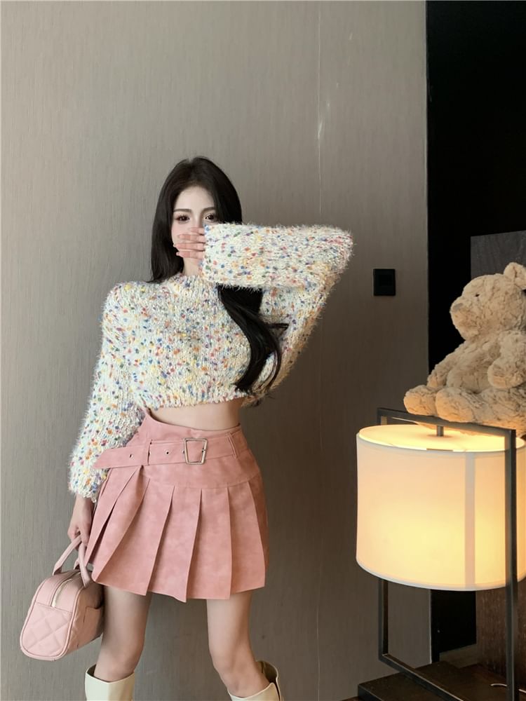 Dotted Sweater Mock A-Line Skirt Neck Mini High Pleated Washed Cropped Rise /