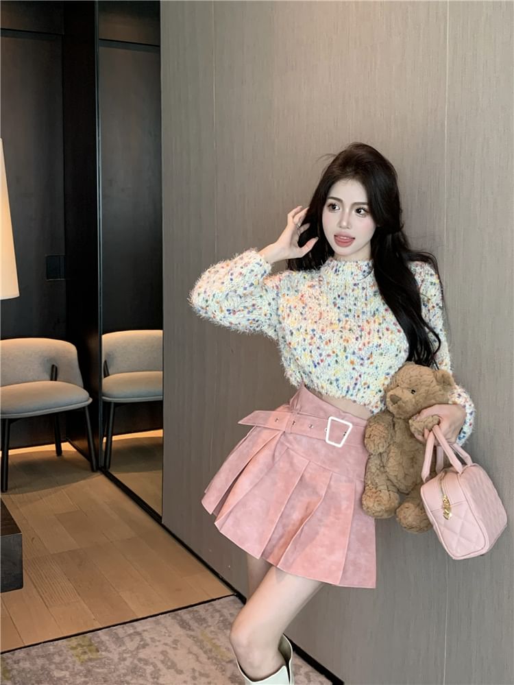 Dotted Sweater Mock A-Line Skirt Neck Mini High Pleated Washed Cropped Rise /