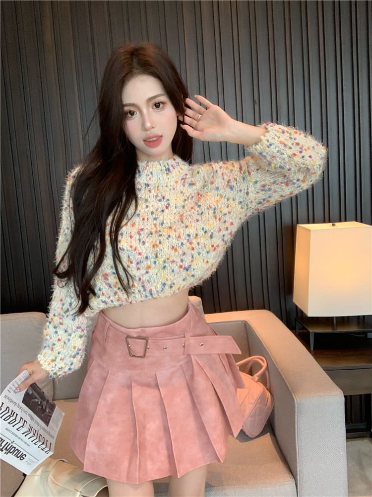 Dotted Sweater Mock A-Line Skirt Neck Mini High Pleated Washed Cropped Rise /