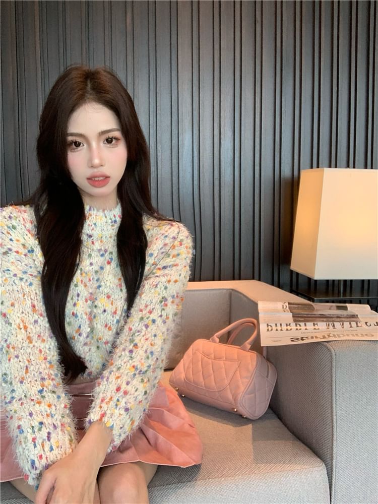 Dotted Sweater Mock A-Line Skirt Neck Mini High Pleated Washed Cropped Rise /