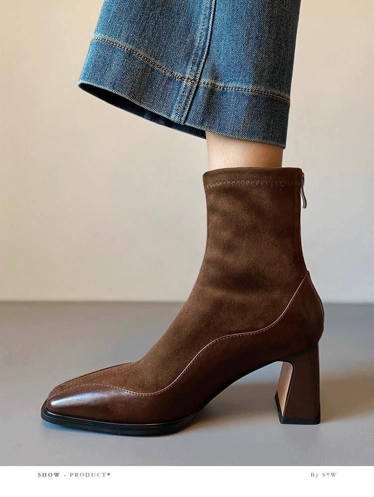 Faux Heel Boots Leather Short Block