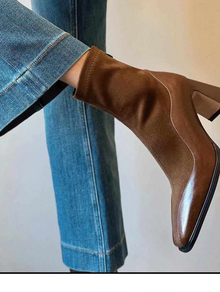 Faux Heel Boots Leather Short Block