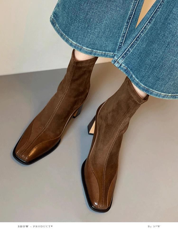 Faux Heel Boots Leather Short Block