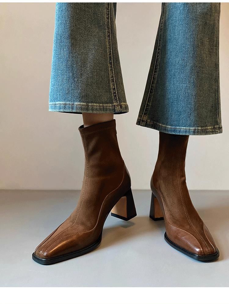 Faux Heel Boots Leather Short Block