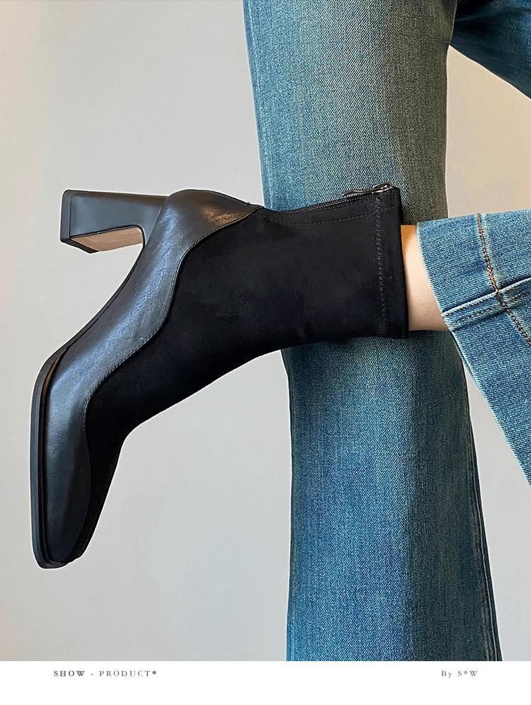 Faux Heel Boots Leather Short Block