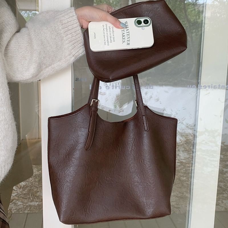 Pouch Bag With Leather Faux Tote