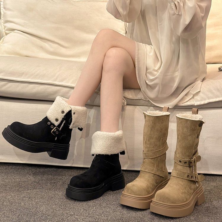 Mid Faux Boots Buckled Fur Calf