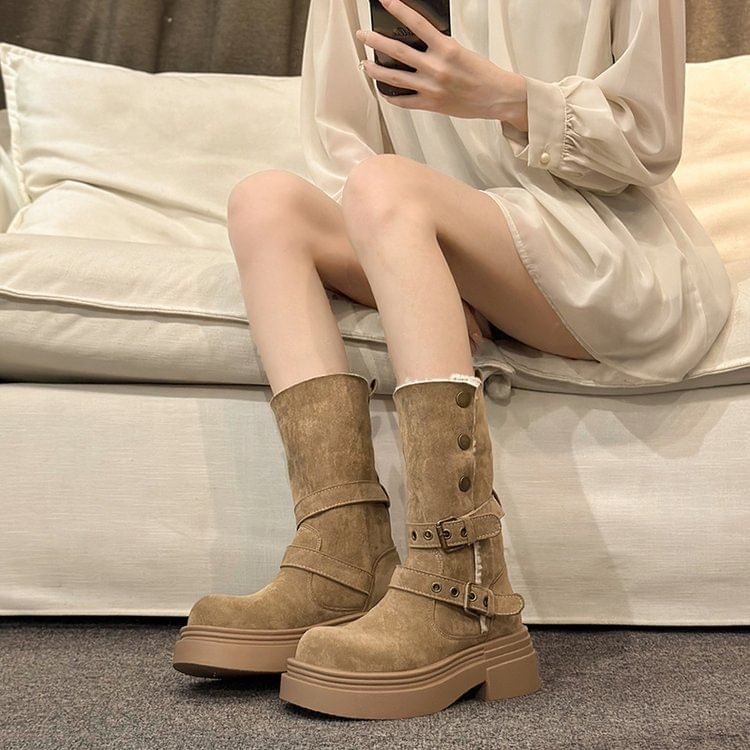 Mid Faux Boots Buckled Fur Calf