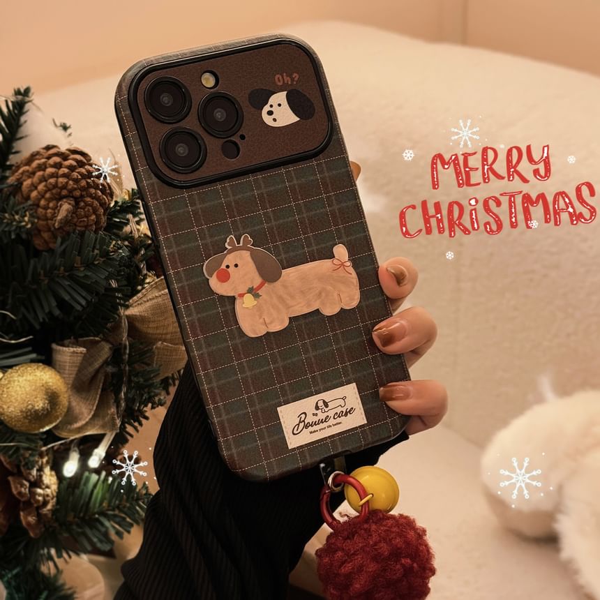 Plaid Pom Case Set Dog Bell Phone Charm /