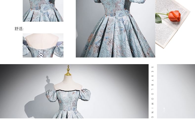 Puff Sleeve Square Neck Pleated Jacquard A-Line Evening Gown