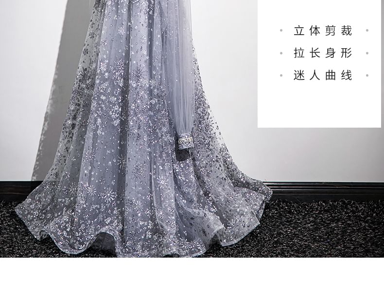 Set: Sequin Mesh A-Line Tube Evening Gown + Cape